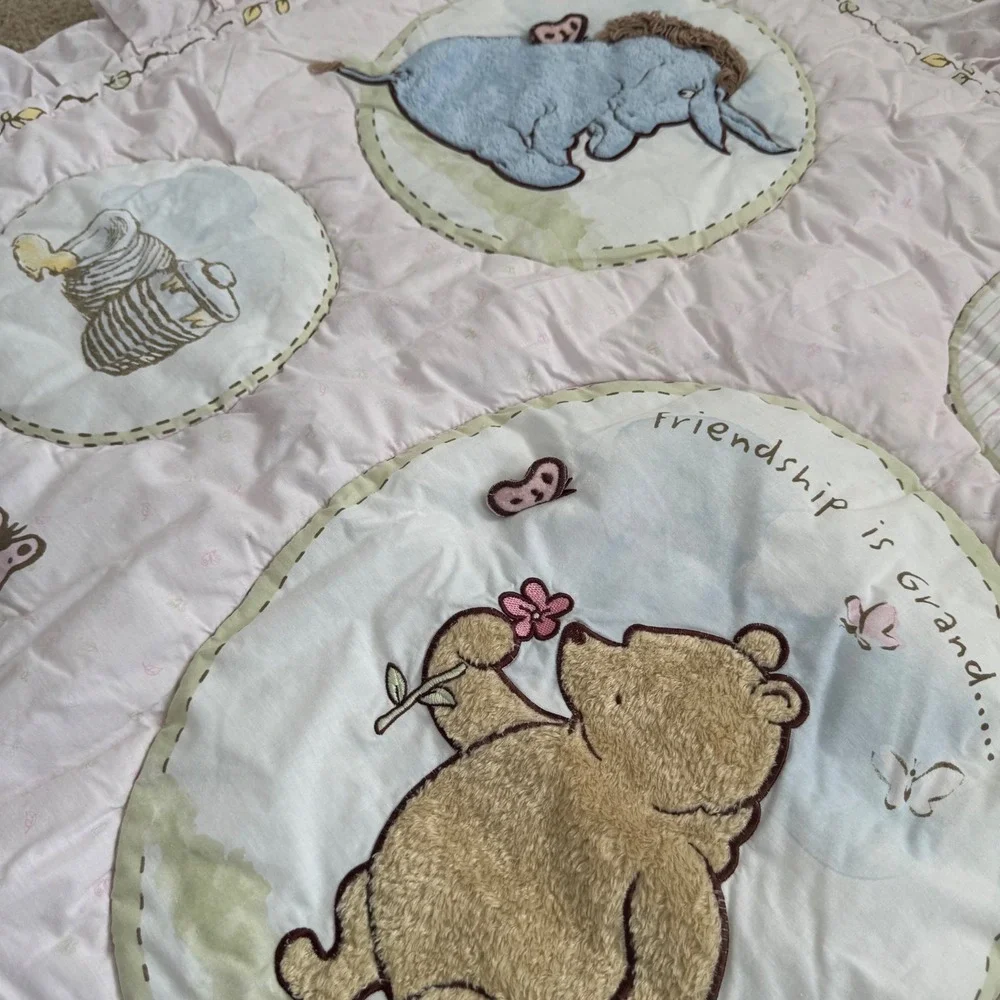 Vintage 90's Disney Classic Pooh Baby Quilt Pink Ruffled Blanket Winnie the Pooh